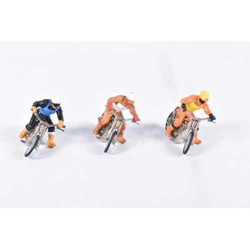 189 - SIX UNBOXED BRITAINS SPEEDWAY BIKES AND RIDERS, all with different coloured 'leathers', all appear c... 