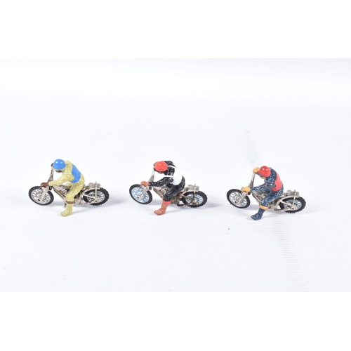 189 - SIX UNBOXED BRITAINS SPEEDWAY BIKES AND RIDERS, all with different coloured 'leathers', all appear c... 