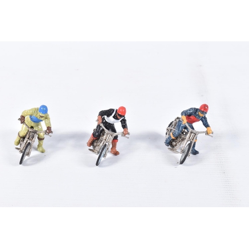 189 - SIX UNBOXED BRITAINS SPEEDWAY BIKES AND RIDERS, all with different coloured 'leathers', all appear c... 