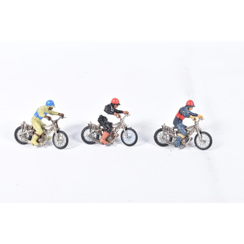 189 - SIX UNBOXED BRITAINS SPEEDWAY BIKES AND RIDERS, all with different coloured 'leathers', all appear c... 