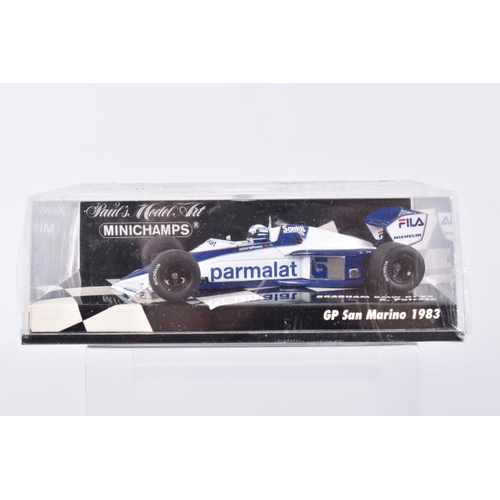 191 - TEN BOXED MINICHAMPS METAL 1:43 SCALE MODEL VEHILCES, to include a McLaren MP4-2 Tag Turbo 1984,   N... 