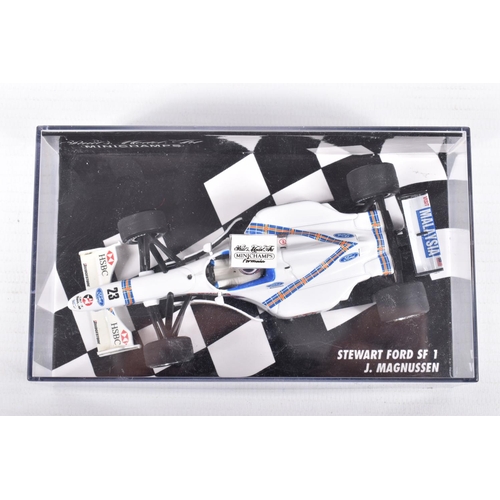 191 - TEN BOXED MINICHAMPS METAL 1:43 SCALE MODEL VEHILCES, to include a McLaren MP4-2 Tag Turbo 1984,   N... 