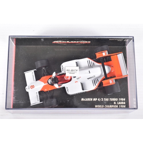 191 - TEN BOXED MINICHAMPS METAL 1:43 SCALE MODEL VEHILCES, to include a McLaren MP4-2 Tag Turbo 1984,   N... 