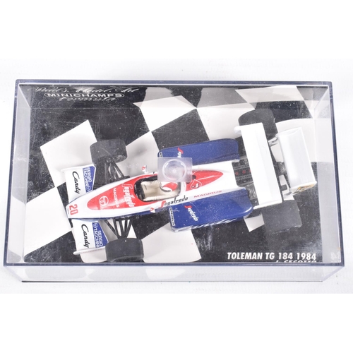 191 - TEN BOXED MINICHAMPS METAL 1:43 SCALE MODEL VEHILCES, to include a McLaren MP4-2 Tag Turbo 1984,   N... 