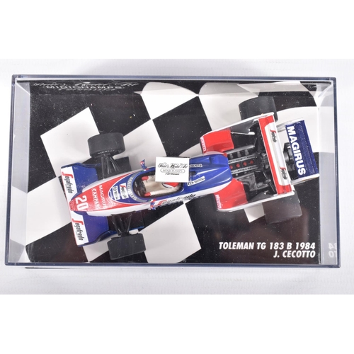 191 - TEN BOXED MINICHAMPS METAL 1:43 SCALE MODEL VEHILCES, to include a McLaren MP4-2 Tag Turbo 1984,   N... 