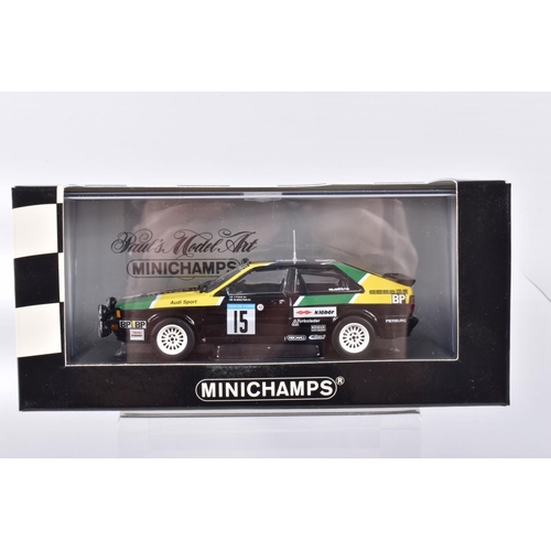 192 - FIVE BOXED MINICHAMPS 1:43 SCALE METAL MODEL VEHICLES, to include an Audi TT-R DTM 2000 Team Abt Ch ... 