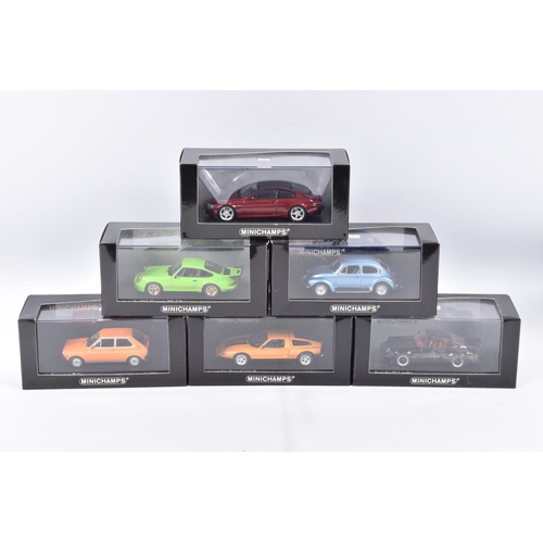 193 - SIX BOXED MINICHAMPS 1:43 SCALE METAL MODEL VEHICLES, to include a Porsche 911 turbo 1977 in black, ... 