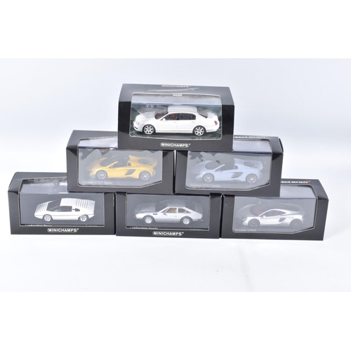 195 - SIX BOXED MINICHAMPS 1:43 SCALE METAL MODEL VEHICLES, to include a Bentley Continental Flying Spur 2... 