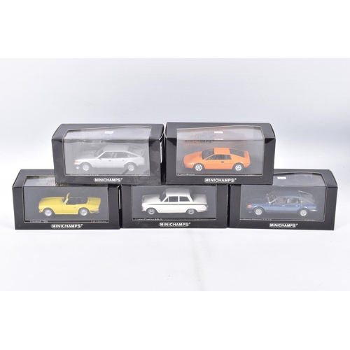 196 - FIVE BOXED MIINICHAMPS 1:43 SCALE METAL MODEL VEHILCES, to include a Triumph TR6 1968 in yellow, ite... 