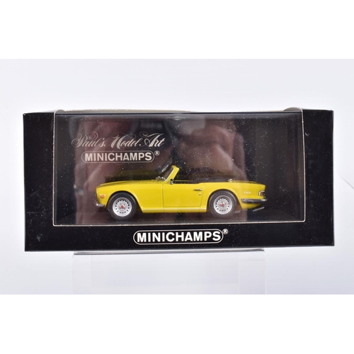 196 - FIVE BOXED MIINICHAMPS 1:43 SCALE METAL MODEL VEHILCES, to include a Triumph TR6 1968 in yellow, ite... 