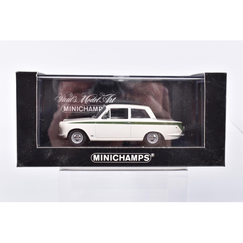 196 - FIVE BOXED MIINICHAMPS 1:43 SCALE METAL MODEL VEHILCES, to include a Triumph TR6 1968 in yellow, ite... 