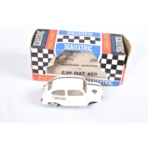 203 - TWO BOXED VINTAGE SCALEXTRIC RACE TUNED FIAT 600 CARS, No.C99, one in red red with RN20, the other w... 