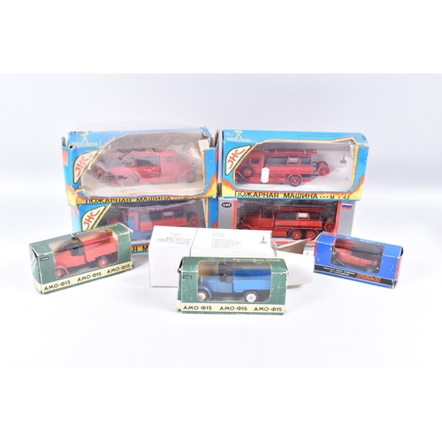 213 - A QUANTITY OF BOXED RUSSIAN DIECAST VEHICLES, four 3HC OMO 1/43 scale Fire Engine models, a similar ... 