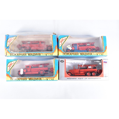 213 - A QUANTITY OF BOXED RUSSIAN DIECAST VEHICLES, four 3HC OMO 1/43 scale Fire Engine models, a similar ... 