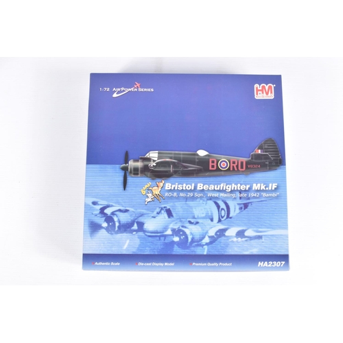 214 - FOUR BOXED HM HOBBYMASTER AIR POWER SERIES 1:72 SCALE MODEL AIRCRAFTS,  the first a Bristol Beaufigh... 