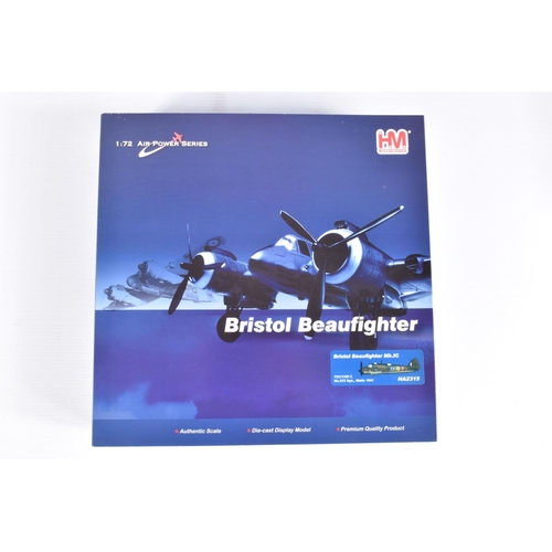 214 - FOUR BOXED HM HOBBYMASTER AIR POWER SERIES 1:72 SCALE MODEL AIRCRAFTS,  the first a Bristol Beaufigh... 