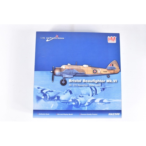 214 - FOUR BOXED HM HOBBYMASTER AIR POWER SERIES 1:72 SCALE MODEL AIRCRAFTS,  the first a Bristol Beaufigh... 