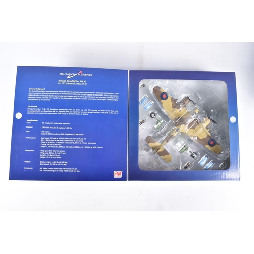 214 - FOUR BOXED HM HOBBYMASTER AIR POWER SERIES 1:72 SCALE MODEL AIRCRAFTS,  the first a Bristol Beaufigh... 