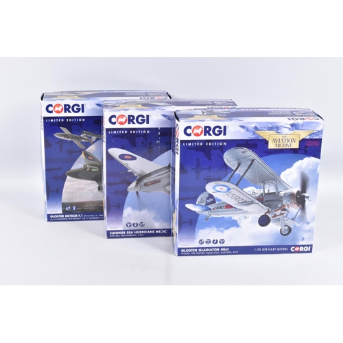 215 - THREE BOXED LIMITED EDITION CORGI AVIATION ARCHIVE 1:72 SCALE MODEL MILITARY AIRCRAFTS, the first a ... 