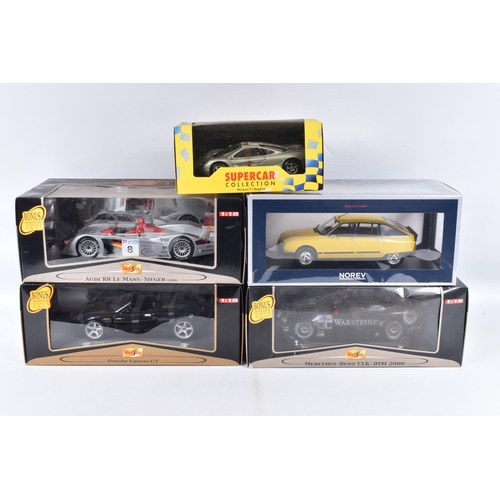 223 - FIVE BOXED DIECAST MODEL VEHICLES, to include a Maisto Supercar collection Mclaren F1 Road car, silv... 