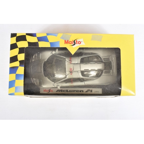 223 - FIVE BOXED DIECAST MODEL VEHICLES, to include a Maisto Supercar collection Mclaren F1 Road car, silv... 