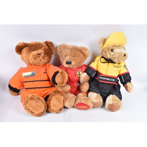 228 - A COLLECTION OF MODERN TEDDY BEARS, majority wearing uniform or motor racing suits, all appear large... 