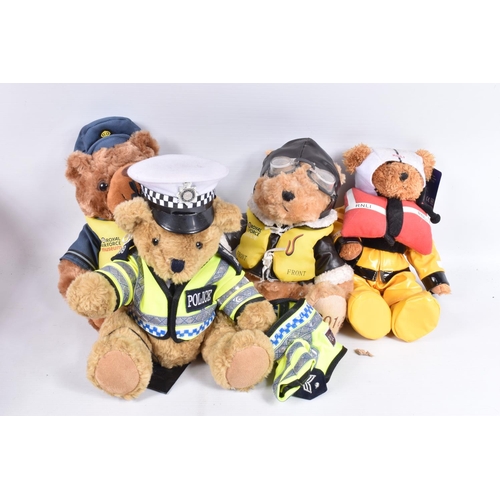 228 - A COLLECTION OF MODERN TEDDY BEARS, majority wearing uniform or motor racing suits, all appear large... 