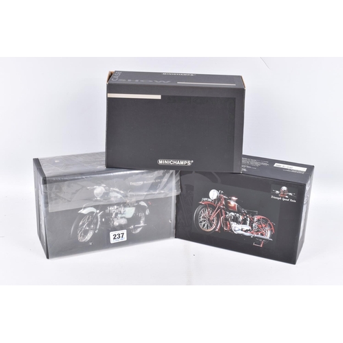 237 - TWO BOXED MINICHAMPS 1:12 SCALE DIE-CAST TRIUMPH CLASSIC BIKE SERIES MODELS, the first a Triumph Spe... 