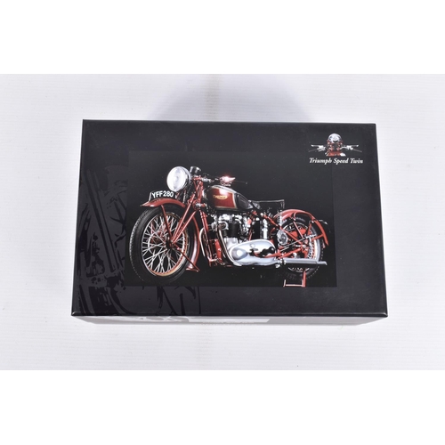 237 - TWO BOXED MINICHAMPS 1:12 SCALE DIE-CAST TRIUMPH CLASSIC BIKE SERIES MODELS, the first a Triumph Spe... 