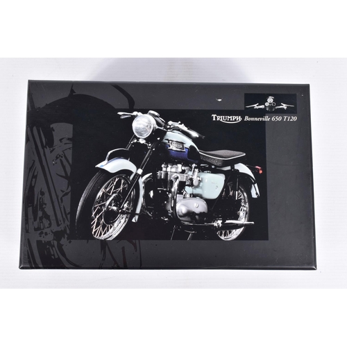 237 - TWO BOXED MINICHAMPS 1:12 SCALE DIE-CAST TRIUMPH CLASSIC BIKE SERIES MODELS, the first a Triumph Spe... 