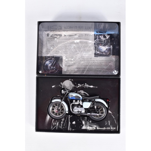 237 - TWO BOXED MINICHAMPS 1:12 SCALE DIE-CAST TRIUMPH CLASSIC BIKE SERIES MODELS, the first a Triumph Spe... 