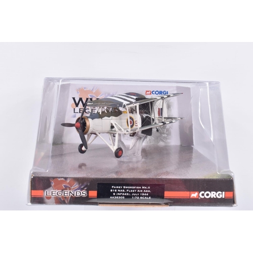 252 - SIX BOXED CORGI WWII LEGENDS 1:72 SCALE DIE-CAST MILITARY AIRCRAFTS, the first a P51D Mustang, numbe... 