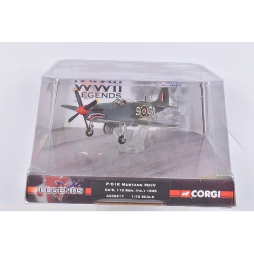 252 - SIX BOXED CORGI WWII LEGENDS 1:72 SCALE DIE-CAST MILITARY AIRCRAFTS, the first a P51D Mustang, numbe... 