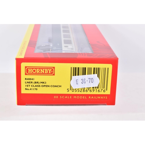 377 - FIVE BOXED OO GAUGE HORNBY ROLLING STOCK TRAILER MODELS, to include a Mk3 TFO trailer First Class Op... 