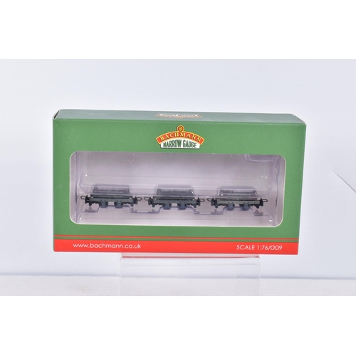 399 - SEVEN BOXED  OO9 NARROW GAUGE BACHMANN BRANCHLINE MODEL WAGONS, to include a Class D Bogie Open Wago... 