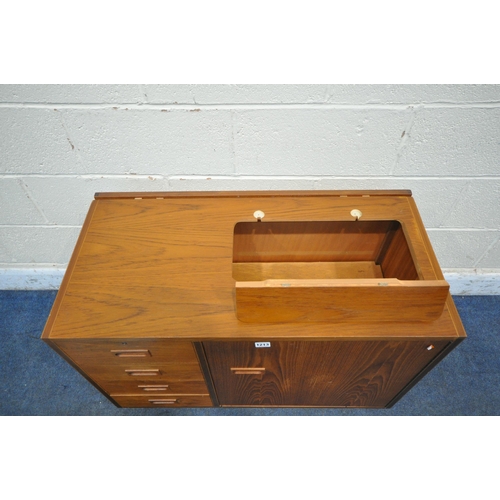 1213 - A MID CENTURY TEAK SEWING CABINET, with a hinged lid, four drawers and a cupboard door, width 86cm x... 