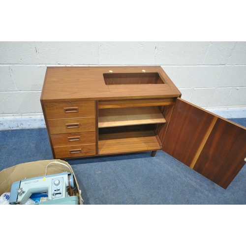 1213 - A MID CENTURY TEAK SEWING CABINET, with a hinged lid, four drawers and a cupboard door, width 86cm x... 