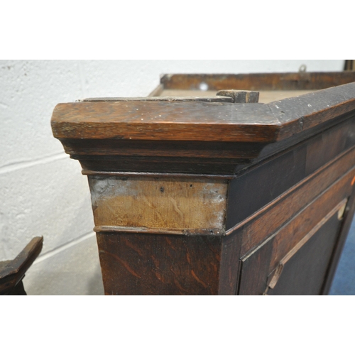 1227 - THREE PIECES OF GEORGIAN OAK FURNITURE, to include a corner cupboard, the single door enclosing thre... 