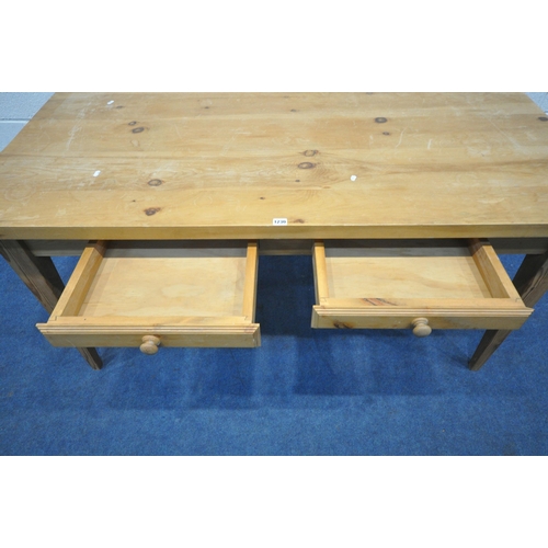 1230 - A LATE 20TH CENTURY PINE FARMHOUSE STYLE TABLE, with two frieze drawers, on square tapered legs, len... 