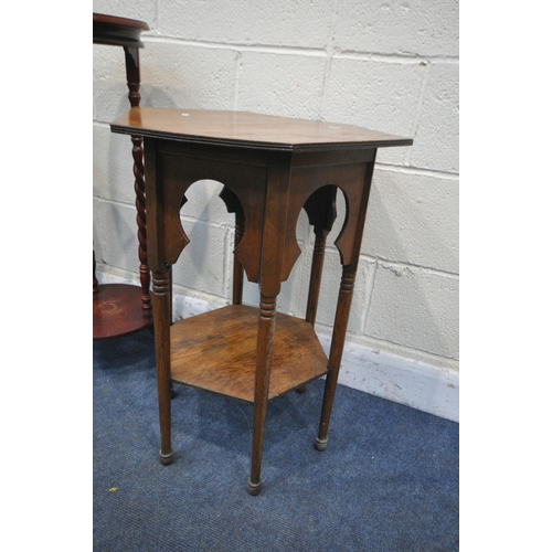 1233 - AN ARTS AND CRAFTS OAK HEXAGONAL OCCASIONAL TABLE, on turned legs and an undershelf, diameter 56cm x... 