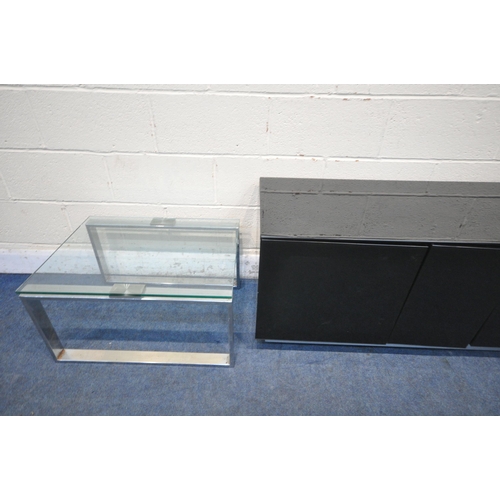 1244 - A MODERN BLACK GLASS TV STAND, with three doors, width 126cm x depth 48cm x height 54cm, a rectangul... 