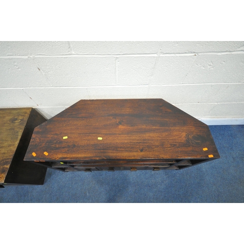 1245 - A HARDWOOD RECTANGULAR COFFEE TABLE, with four drawers to each side, width 120cm x depth 56cm x heig... 