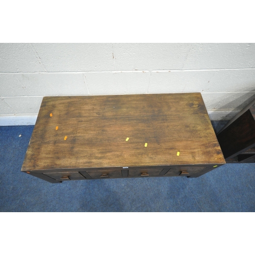 1245 - A HARDWOOD RECTANGULAR COFFEE TABLE, with four drawers to each side, width 120cm x depth 56cm x heig... 