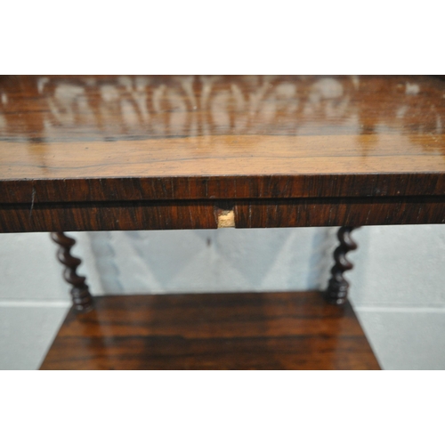 1261 - A  VICTORIAN ROSEWOOD THREE TIER WHATNOT, with a scrolled pierced gallery top, barley twist supports... 