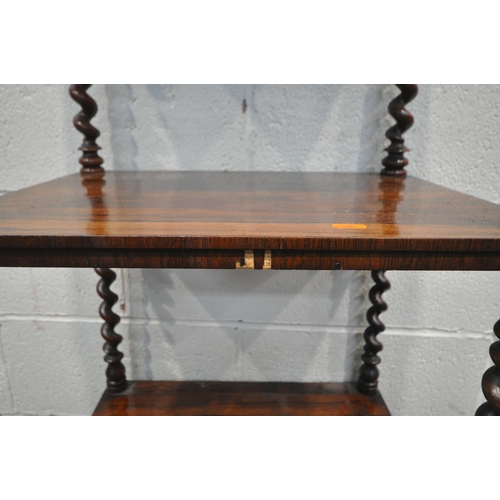 1261 - A  VICTORIAN ROSEWOOD THREE TIER WHATNOT, with a scrolled pierced gallery top, barley twist supports... 