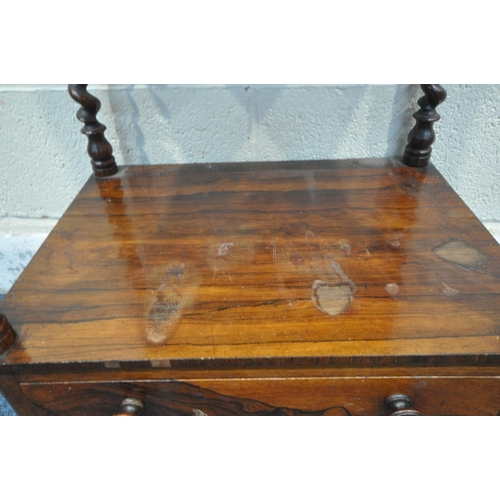 1261 - A  VICTORIAN ROSEWOOD THREE TIER WHATNOT, with a scrolled pierced gallery top, barley twist supports... 