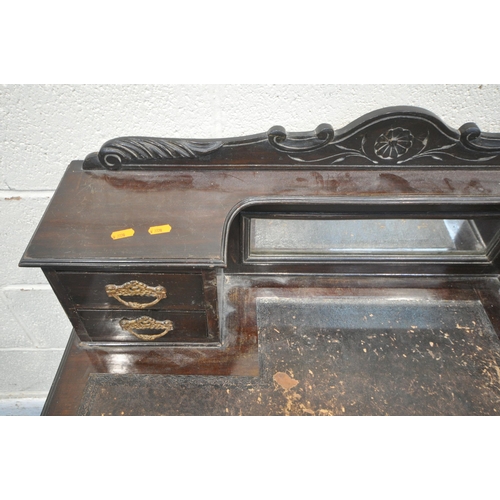 1262 - A LATE VICTORIAN MAHOGANY LADIES WRITING DESK, the raised back with four drawers flanking a central ... 