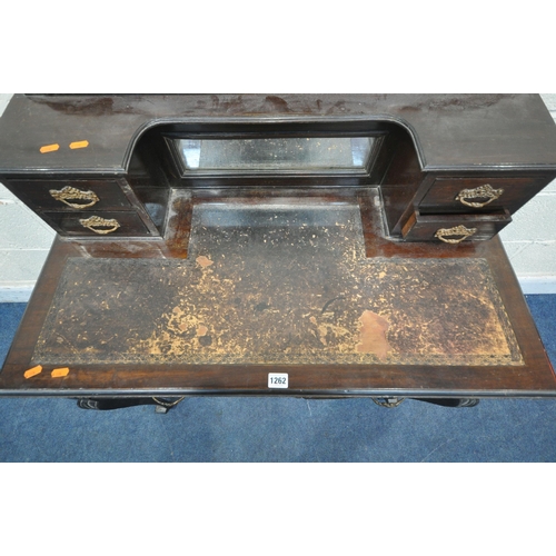 1262 - A LATE VICTORIAN MAHOGANY LADIES WRITING DESK, the raised back with four drawers flanking a central ... 