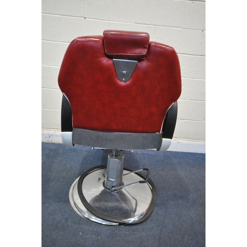 1268 - A PAIR OF RETRO BARBERS CHAIRS, with red leatherette upholstery, on a chrome base height adjustable ... 