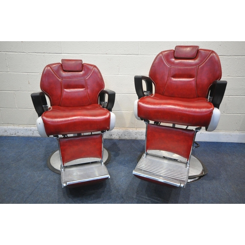 1268 - A PAIR OF RETRO BARBERS CHAIRS, with red leatherette upholstery, on a chrome base height adjustable ... 